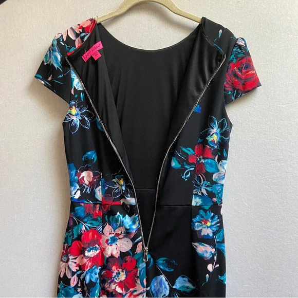 Betsey Johnson Black Floral Midi short sleeve Dress Sz 4 - Picture 9 of 15